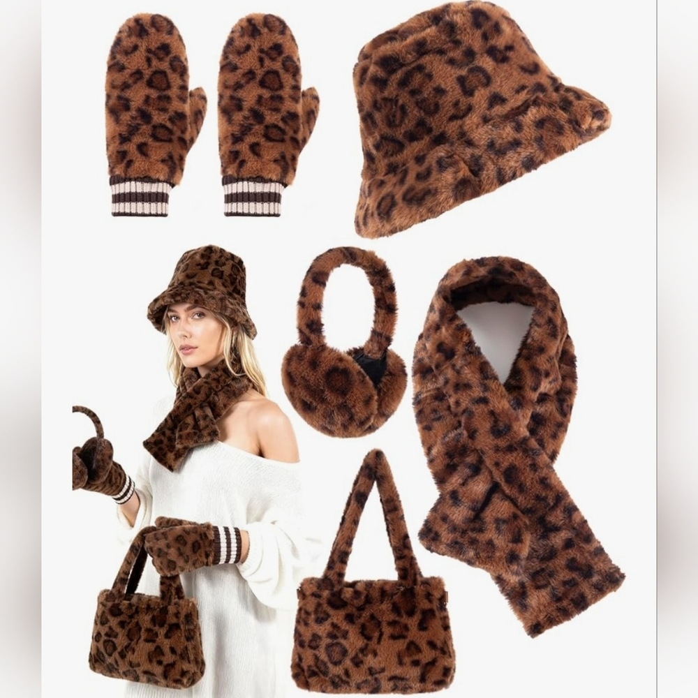 Leopard Print Faux Fur Hat & Accessory Set - Brown - Picture 8 of 9